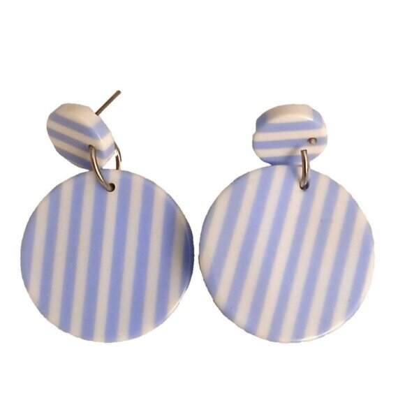 Nautical blue striped acrylic 1.5" drop earrings fun - Picture 1 of 2